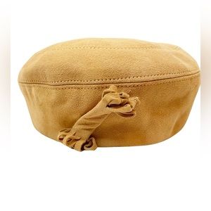 Vintage Evelyn Varon Pill Box Hat Women's Hat‎ Suede Tan with Decorative Detail